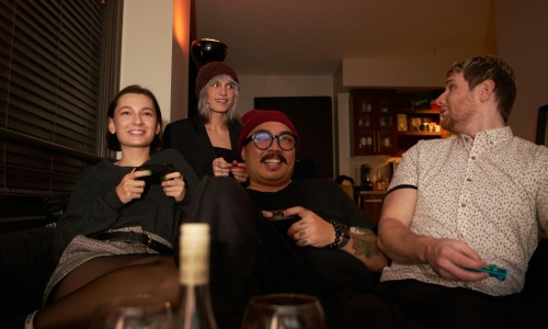 a group of people sitting in a room